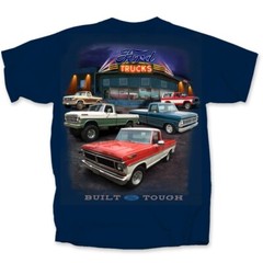 Ford Truck T-Shirt – Navy Blue “Built Ford Tough” Vintage Dealer Scene