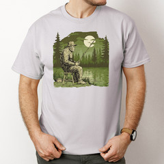 Bigfoot Shirt Fishing Forest Lake Night Scene Outdoor Sasquatch Art Tshirt Gray