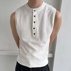 Men’s Ribbed Vest Sleeveless For Henry Collar Slim Fit Streetwear Sports Top