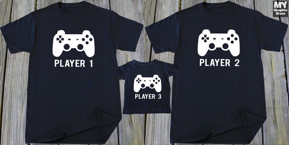 Father Son Family Matching T Shirts Player 1 2 3 Funny Dad Son Mom Christmas Tee