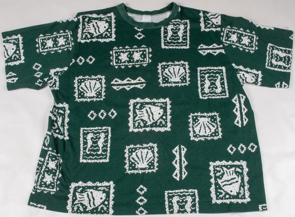 Vintage 1980/90s Ocean Beach Sea Shell Fish All Over Print AOP Green Shirt XL/2X