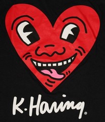 Mens KEITH K. HARING Graphic Tee Black T-Shirt Sz Large SMILEY HEART Pop Art *1M
