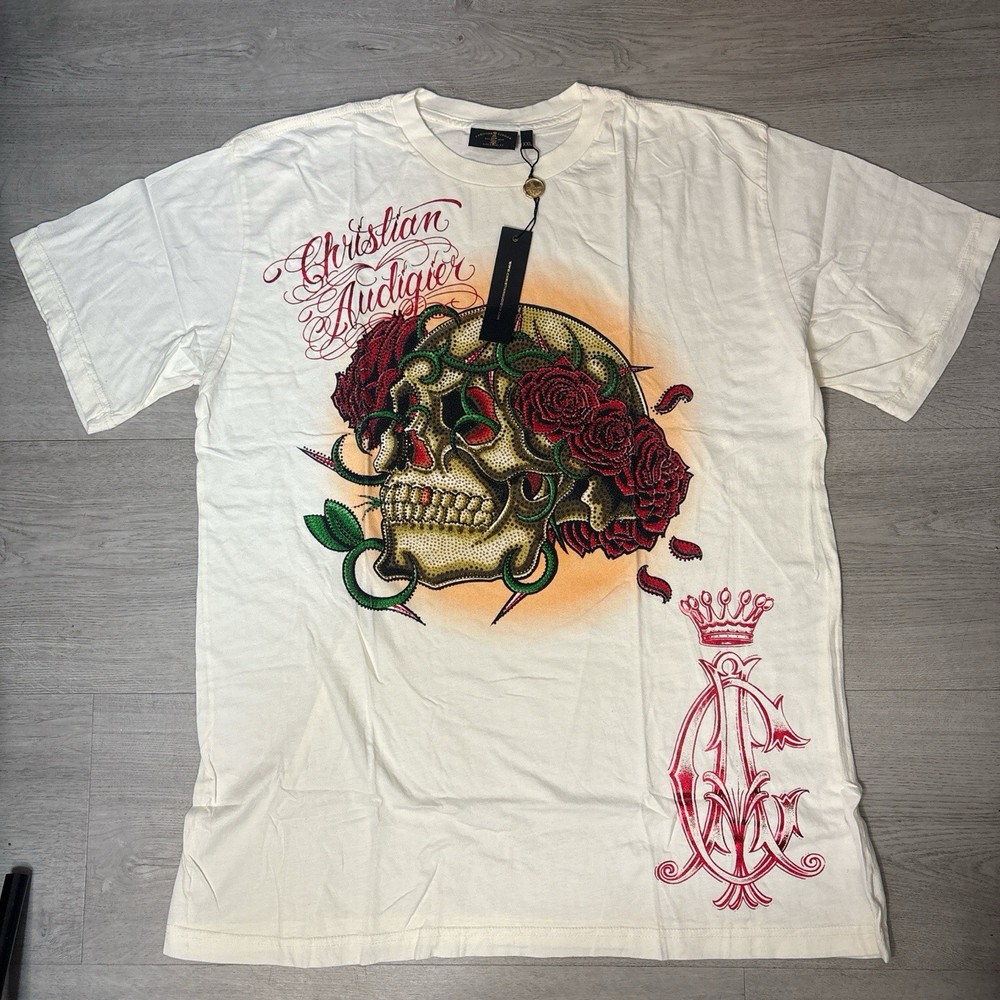 New Red Foil Christian Audigier Rose Skull Shirt XXL
