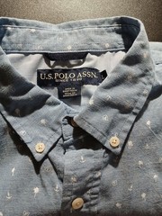 Polo Assasin Mens Sz L. Blue Tiny Palm Trees & Anchors Button Down Soft Cotton