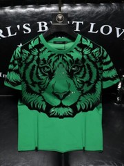 New Men Luxury Tiger Rhinestones Fashion Black Green T-Shirt High Quality