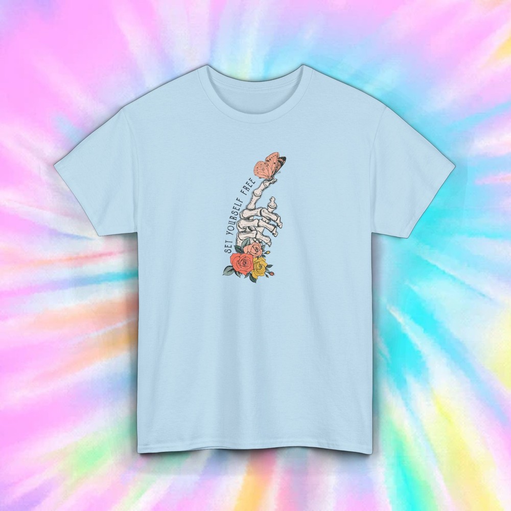 Set Yourself Free Skeleton Butterfly Roses Graphic Tee S-5XL