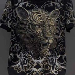 New Fashion Trend Lion Hot Diamonds Rhinestones Black Summer Luxury Men T-Shirt