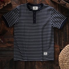 American Tough Guy Style Henry Collar Striped Washed Cotton Short Sleeved Shirt