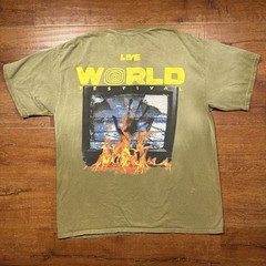 Travis Scott Astroworld T Shirt Mens XL Olive Green Flaming TV Houston Bleached