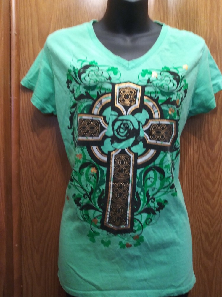 NICE LADIES’ GREEN CELTIC CROSS & CLOVER GREEN COTTON T-SHIRT SZ L