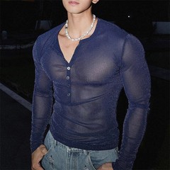 Mens Glitter Shirt Top See Through Lace T-Shirt Sheer Mesh Undershirts