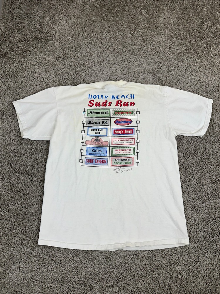 VINTAGE Holly Beach Shirt Mens L White Louisiana Suds Run 1998 Short Sleeve 90s