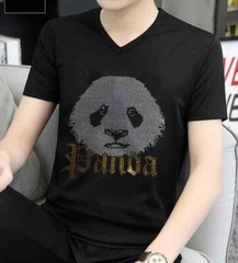 New Men Fashion V-Neck Diamond Rhinestones Panda Bear Luxury Black T-Shirt