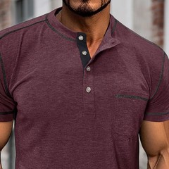 Men Short Sleeve Solid Half Open Collar T-shirt Button Pullover Casual Tee