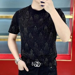 New Men Fashion Trend Starry Print Summer Streetwear Short Sleeve Black T-Shirt