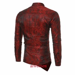 Men Printed Shirt Vintage Long Sleeve Grandad Collar Top Asymmetric Hem Slim YM0
