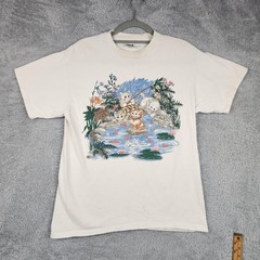 Vintage Cat Shirt Mens Large White Kittens Fishing Pond Graphic 90s Nature Cute