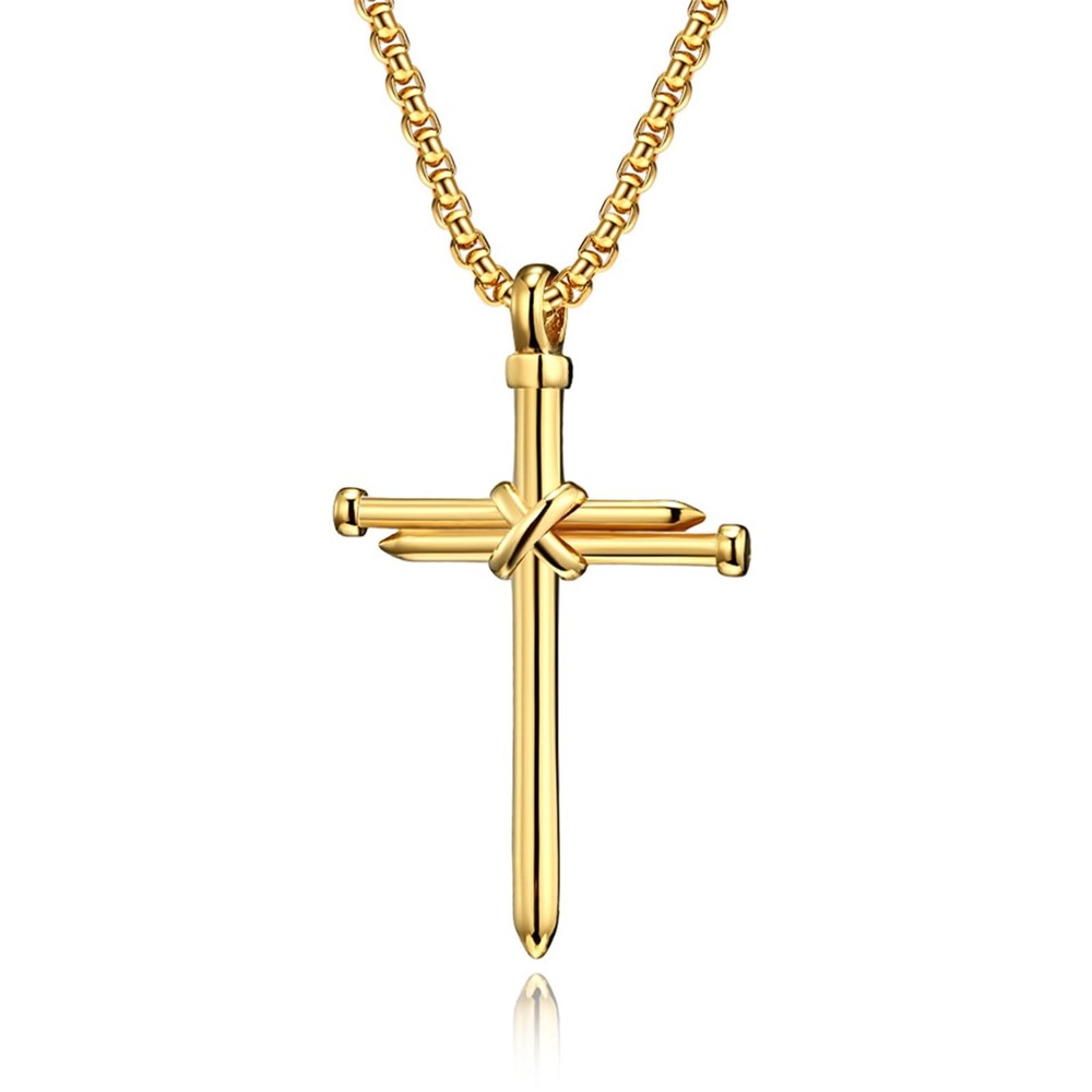 Nail Cross Necklace for Men Stainless Steel Vintage Polished Black Gold Silver