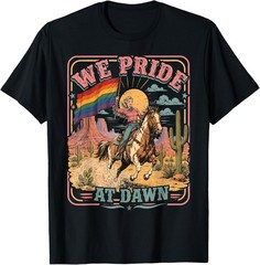 Vintage Rainbow We Pride At Dawn Western Cowgirl LGBTQ Retro T-Shirt S-3XL