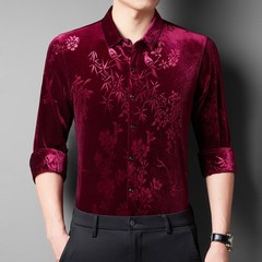 Men Velevt Blouse Shirts Tops Floral Printed Plush Casual Formal Cardigan M-3XL