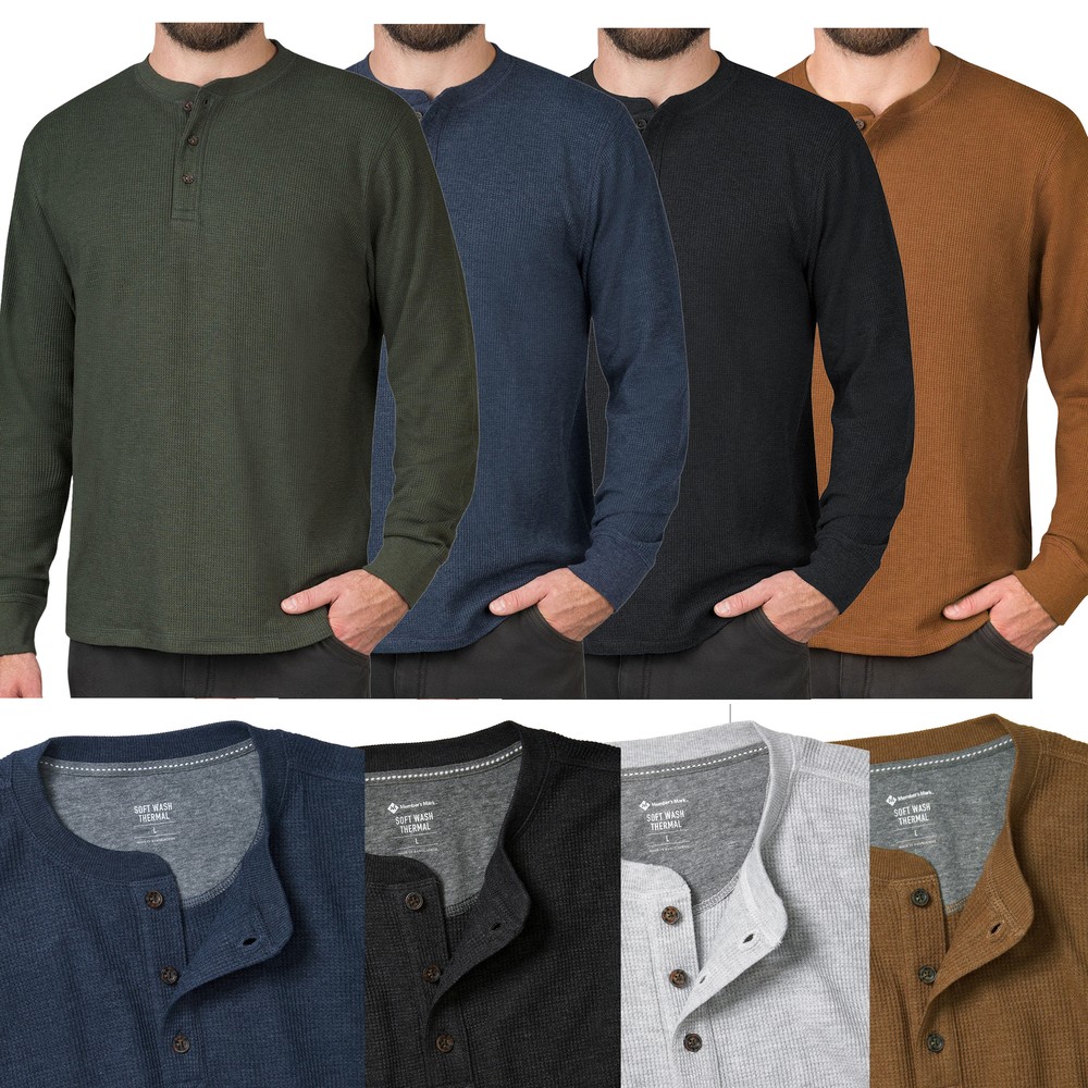 Mens Henley Long Sleeve T-Shirt Thermal Grandad Waffle Knit Warm Winter Cuff Tee