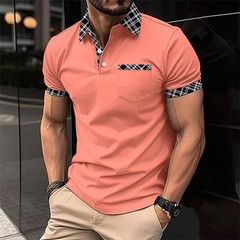 Mens Check Plaid Turn Down Collar T Shirts Tops Golf Pocket Casual Shirts Blouse