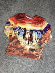 Horse Shirt Mens M Western Plains Graphic Long Sleeve Crew Jersey Casual