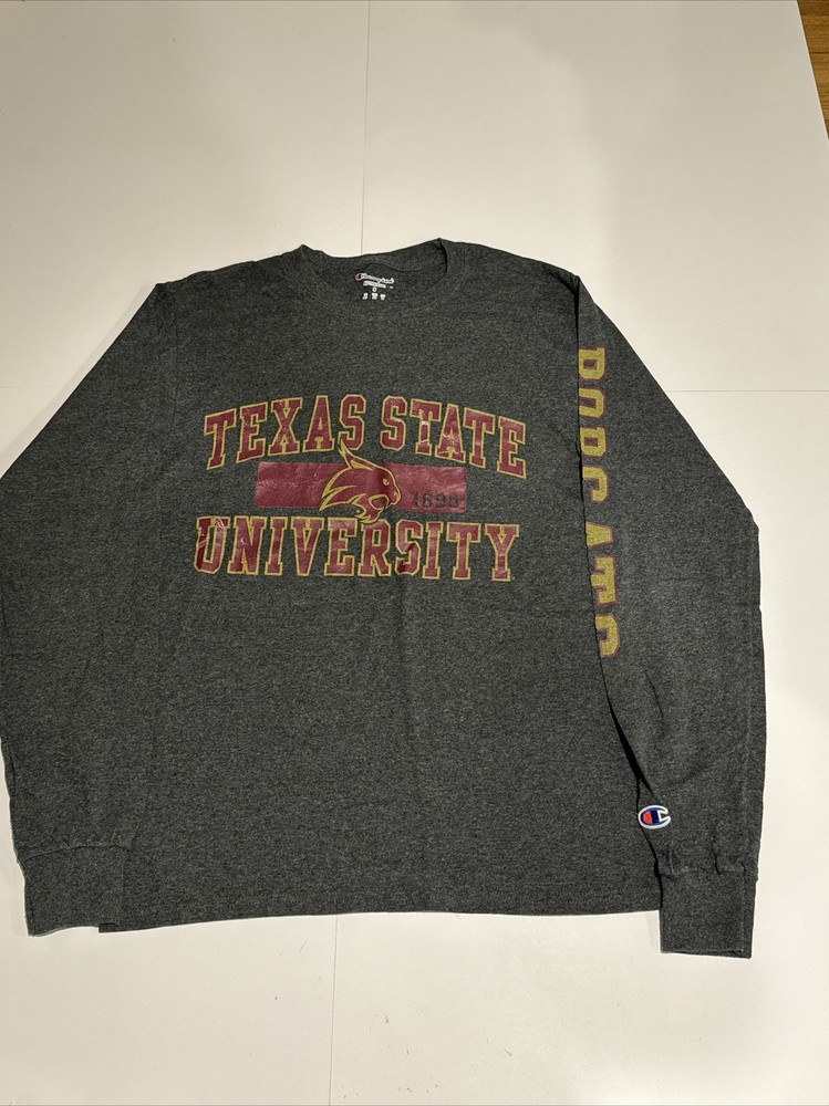 CHAMPION Adult Small Texas State University Bobcats Grey Logo Print LS T Shirt