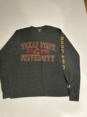 CHAMPION Adult Small Texas State University Bobcats Grey Logo Print LS T Shirt