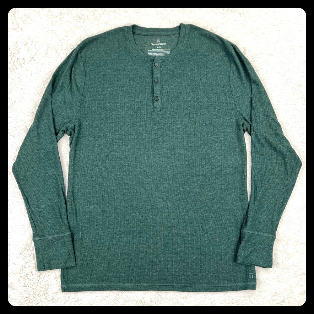 Tommy John Henley Thermal Shirt Men’s Large Long Sleeve Green Modal Stretch SOFT
