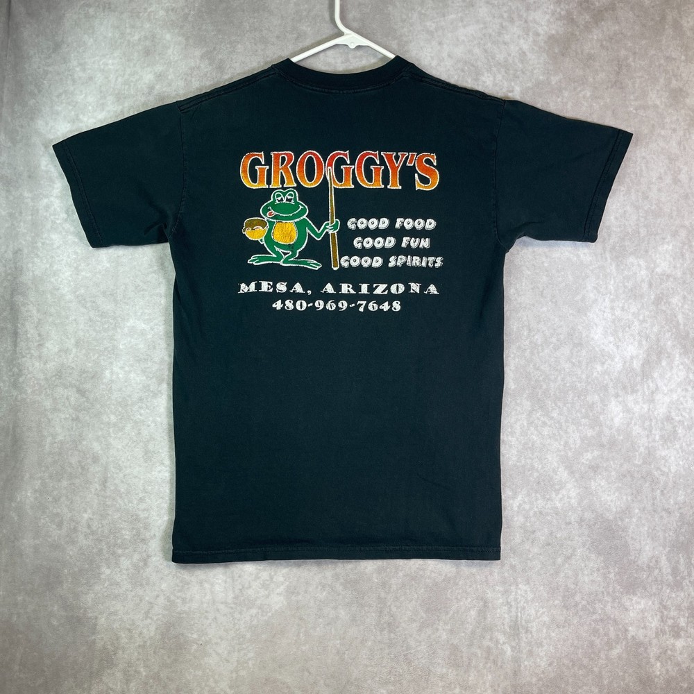 VINTAGE Groggys Pool Team Shirt Adult Medium Black Tee Billiards Frog Graphic