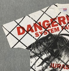 Vintage Jurassic Park Shirt XL Velociraptor AOP Cage Danger 1993 Movie Promo 90s