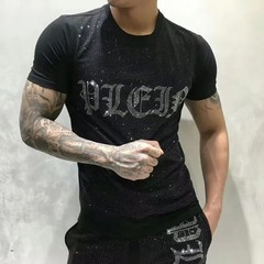 New Fashion Trend Rhinestone Summer Short Sleeve Luxury Men Cotton Black T-Shirt