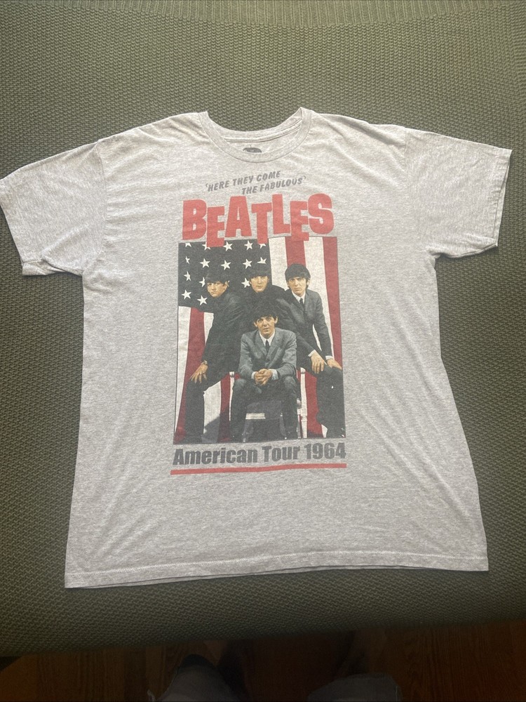 The Beatles American Tour 1964 Band Tee Gray Graphic T-Shirt XL British Fab Four