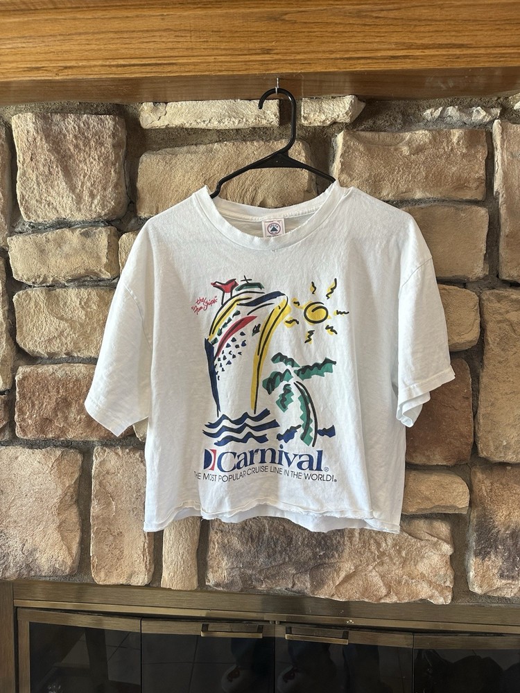 VTG 90s Carnival Cruise Line White T-Shirt Crop Distressed Large Men Unisex