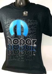 Black T-Shirt w/ Blue Mopar “M” Emblem & Three Color MOPAR Script