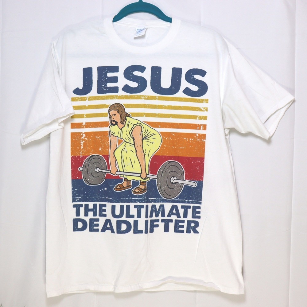 Port & Company Jesus Deadlifter T-Shirt Mens Large White Excellent Graphic Tee