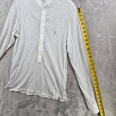 AllSaints Mens Small Henley Shirt Grey Grandad Collar Long Sleeve Ramskull Logo