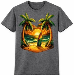 Tropical Beach T-Shirt Sunset Surfboard Graphic Palm Trees Ocean Summer tee