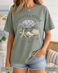 Coastal State of Mind Shirt, Comfort Colors Hydrangea Seashell Beach Tee