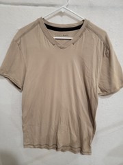 Buckle Black L V-Neck Shirt Tan Beige Short Sleeve Triple Stitch Detail Men’s