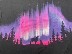 Vintage Aurora Northern Lights Wolf Night Wrap Around Faded Black Shirt 2XL SS