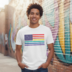 Unisex American Flag Tee With Rainbow Stripes Graphic Across Chest For Pride And