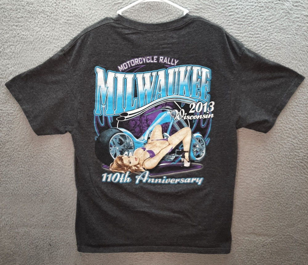 Biker Shirt Adult Large Gray Biker Milwaukee Motorcycle Rally Grunge Skater Mens