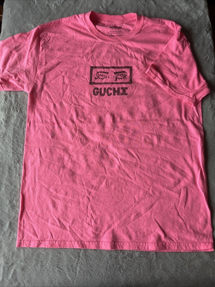 Neon Pink “Guchi” screen printed t shirt size Large Soft Worn Street Art