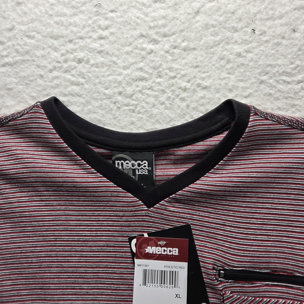 Mecca USA Shirt Mens XL Red Striped V-Neck Chest Pocket Zipper Tee Cotton Jersey