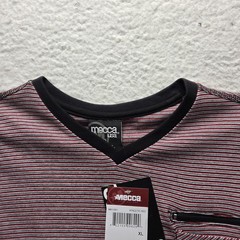 Mecca USA Shirt Mens XL Red Striped V-Neck Chest Pocket Zipper Tee Cotton Jersey