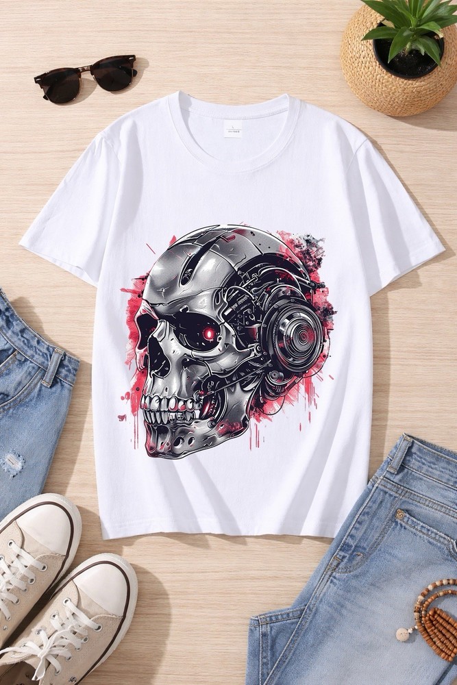 Cyberpunk Mechanical Skull T-Shirt Futuristic Cyborg Graphic Tee Streetwear Top