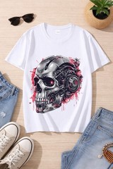 Cyberpunk Mechanical Skull T-Shirt Futuristic Cyborg Graphic Tee Streetwear Top