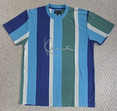 KARL KANI BIG LOGO MENS’ SHIRT — SIZE M ~ VERTICAL STRIPED COLORBLOCK SCRIPT